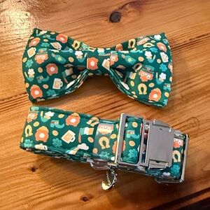 Green Shamrock Pattern Dog Collar with Bow Tie - Festive St. Patrick’s Accessory